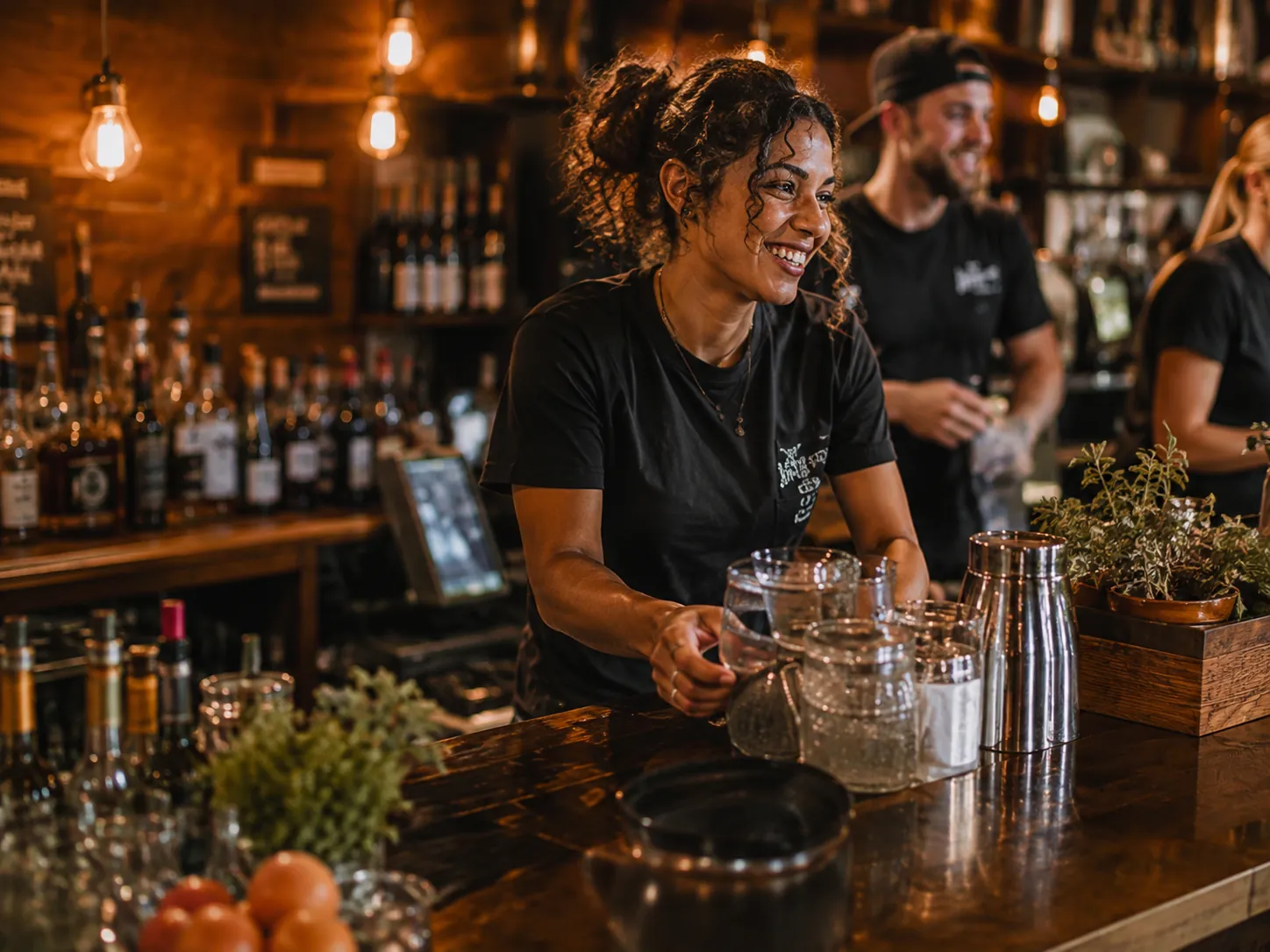 A smiling bartender pours a drink behind the bar while two colleagues work behind her.